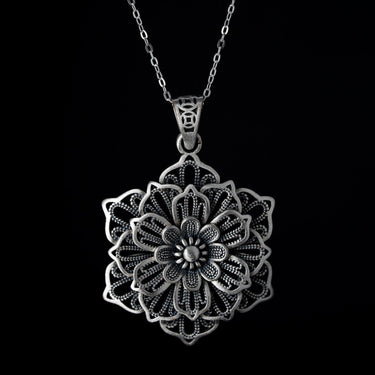 Sterling Silver Lotus Pendant - Black Feather Design